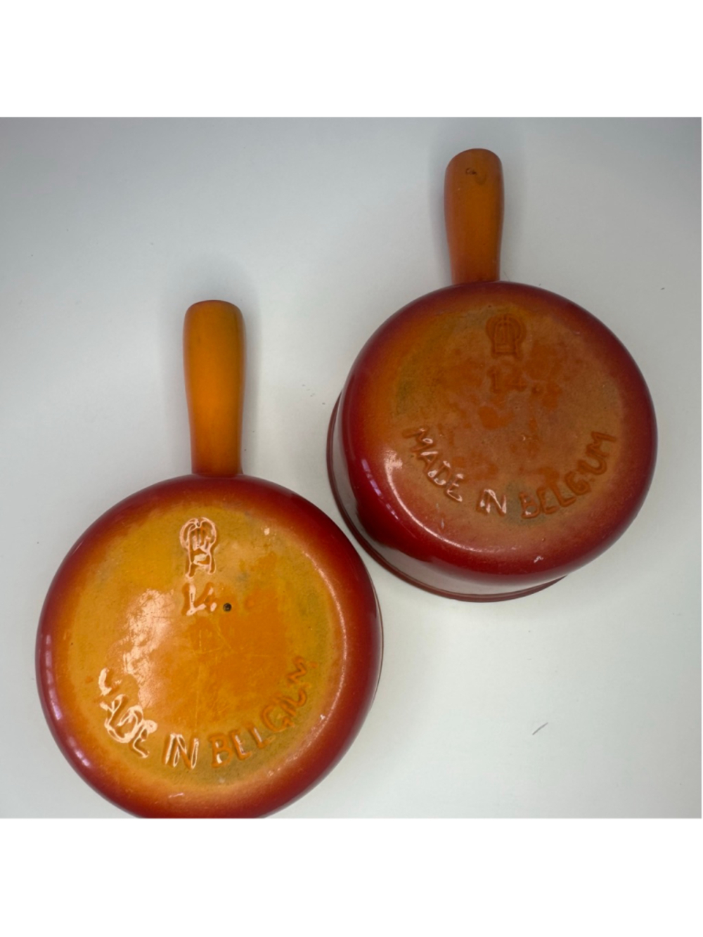 2 Vintage Descoware Flame Orange Enameled Cast Iron Sauce Pans Made in Belgium